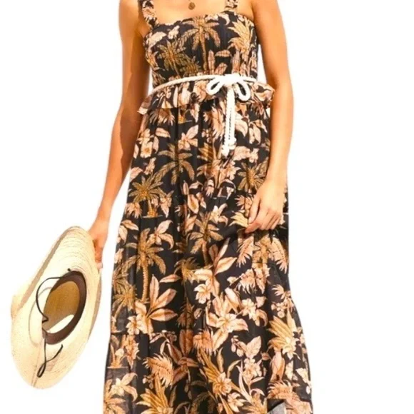 Seafolly | Dresses | Seafolly Castaway Shirring Dress Black Large Tiered  Peasant Tropical Floral | Poshmark